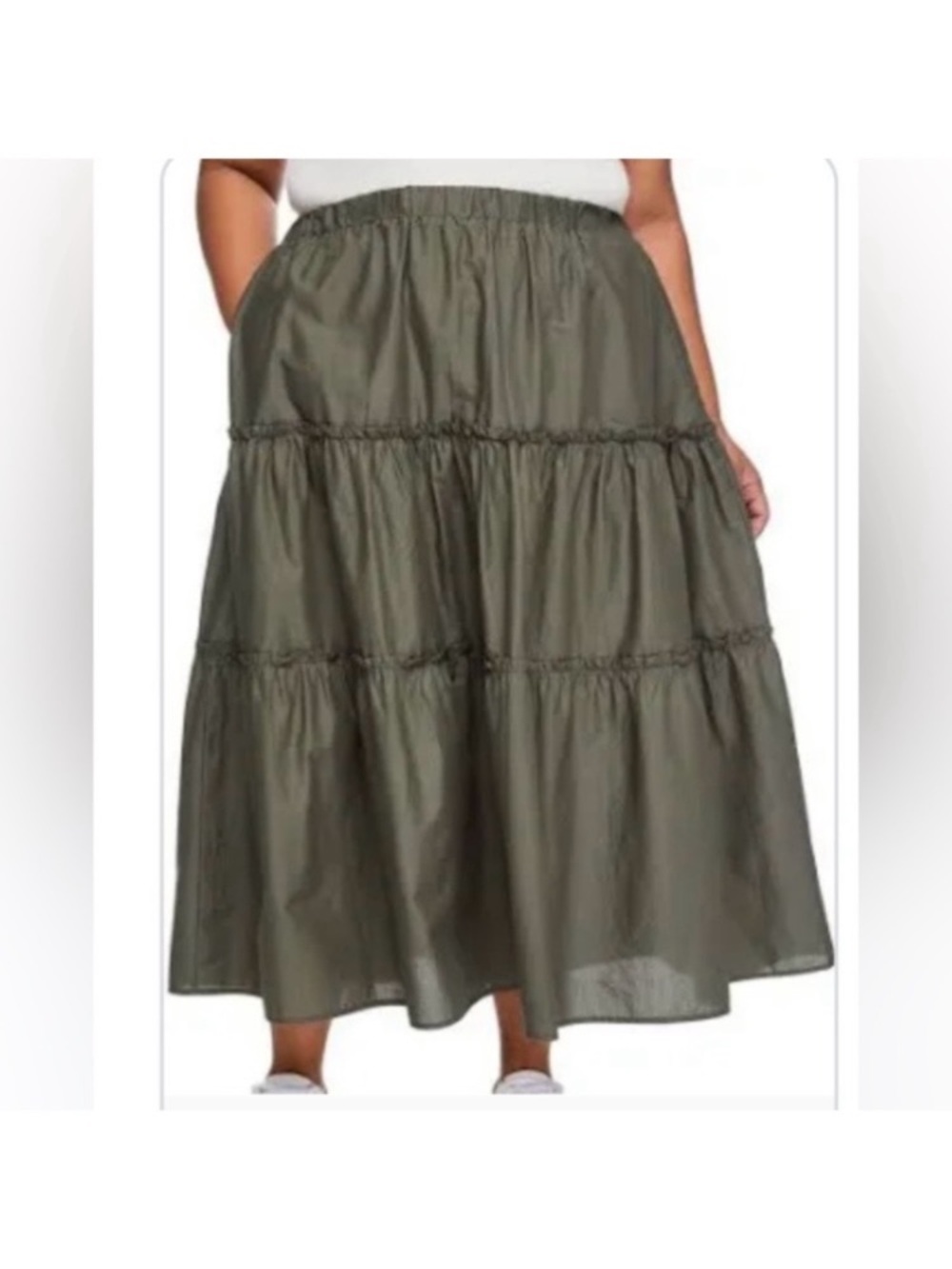 NWT Lane Bryant Olive Green tiered maxi Skirt elastic waist pockets